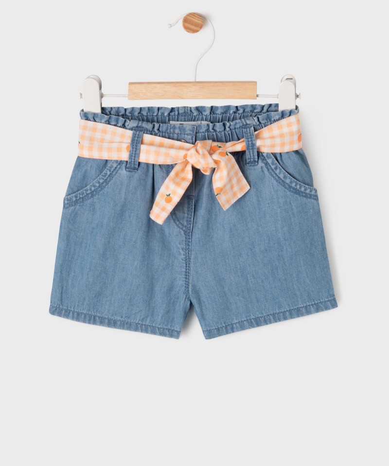 Short ample en chambray avec ceinture vichy bébé fille[MISSING]